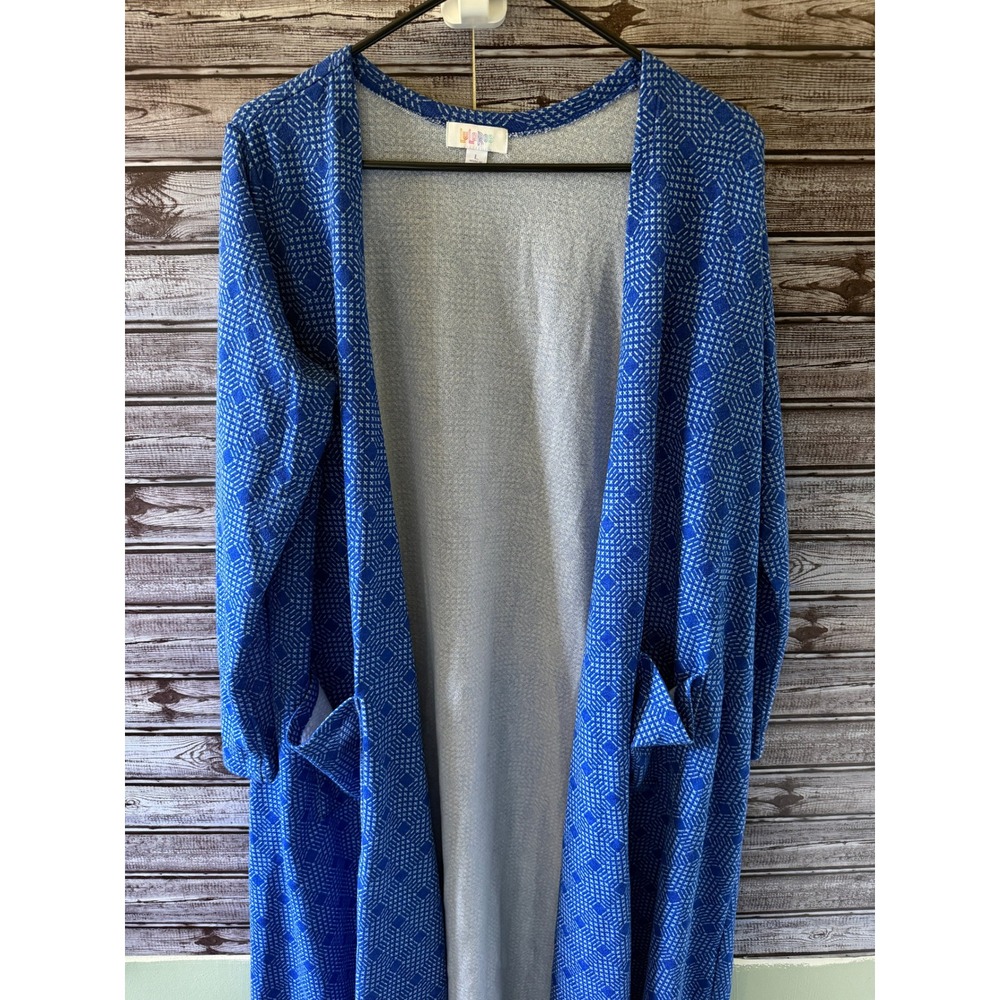 LuLaRoe Women's Long-Sleeved Sarah Cardigan Size L Blue Geometric Pockets NWT